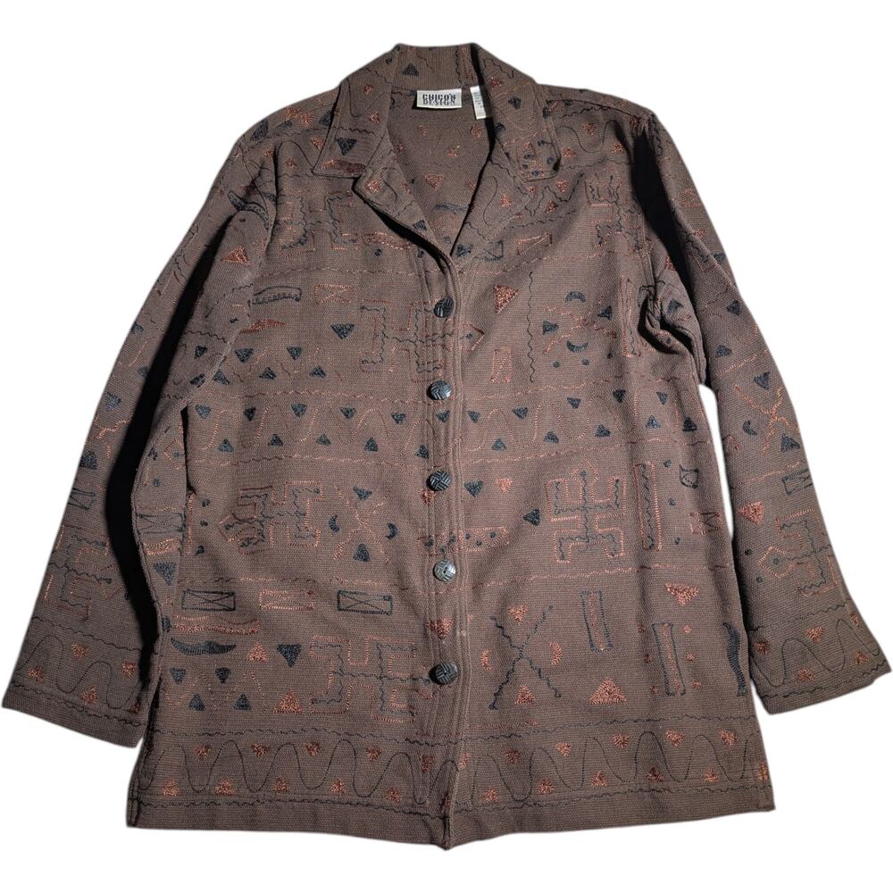 Vtg 1990s Chico's Design Brown Cotton Tribal Embroidered Oversized Jacket 0 S